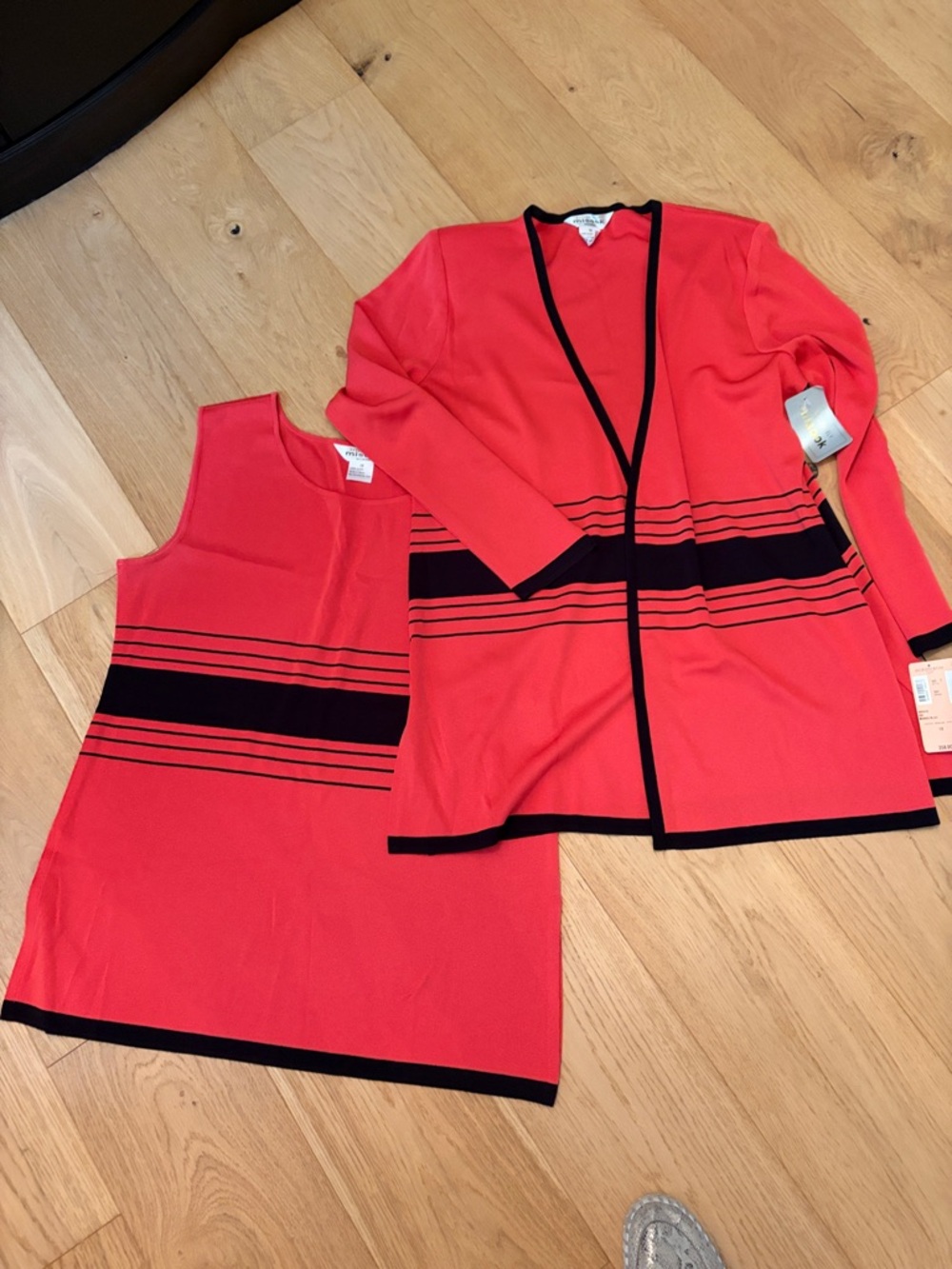 Misook Coral Red and Black Striped Knit Tank & Cardigan Set
